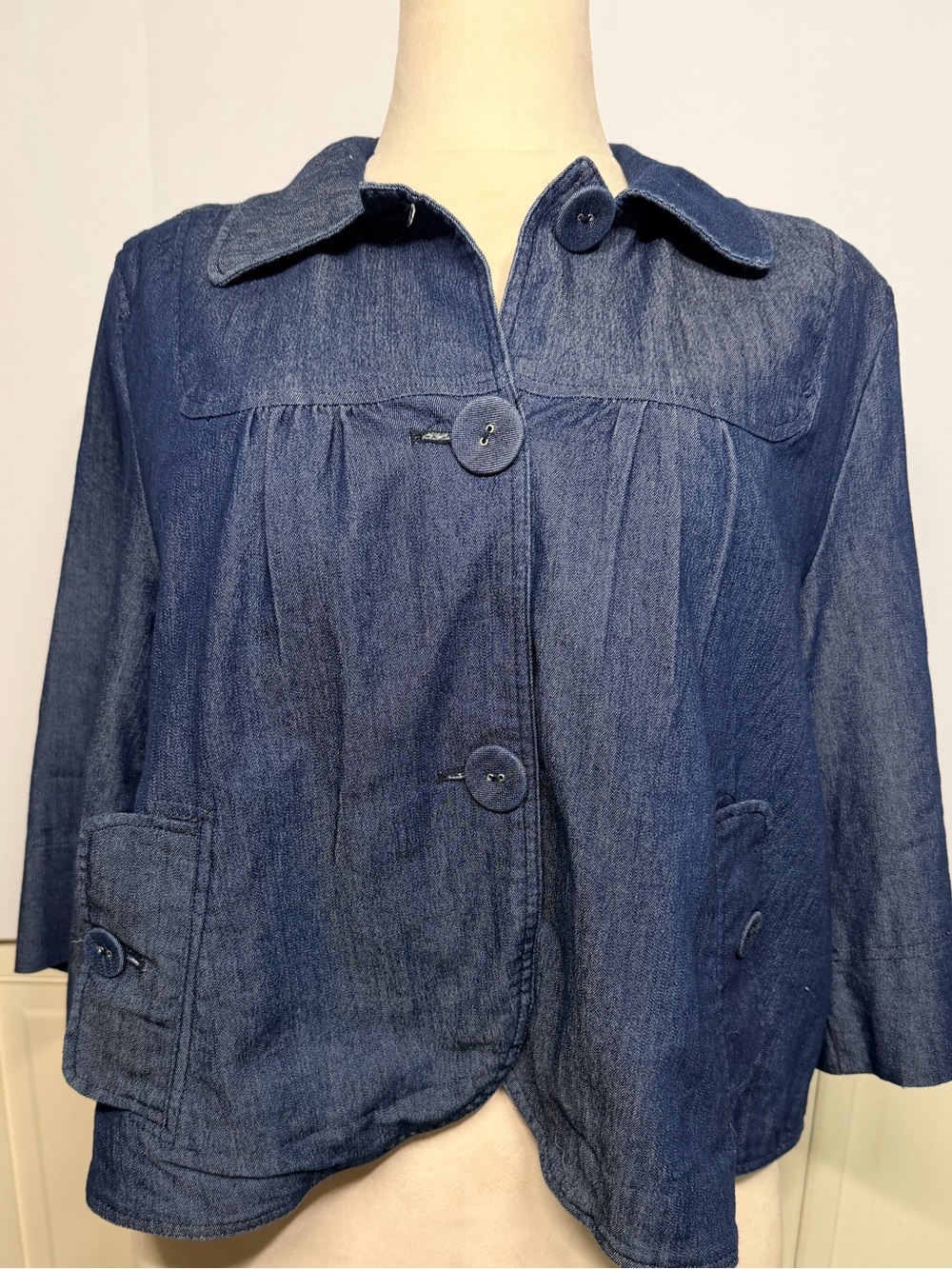 Sandro Sportswear XL Denim Swing Jacket Dark Wash Button Front 3/4 Sleeve Artsy